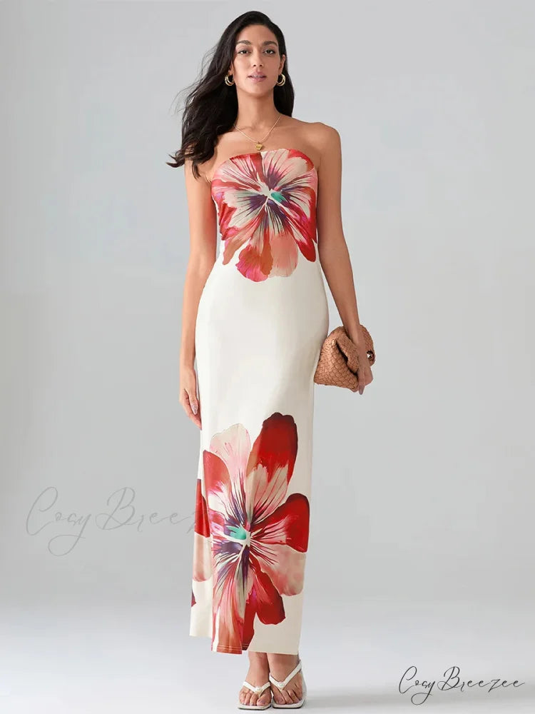 Floral Print Bandeau Strapless Wrap Dress floraldress-250126