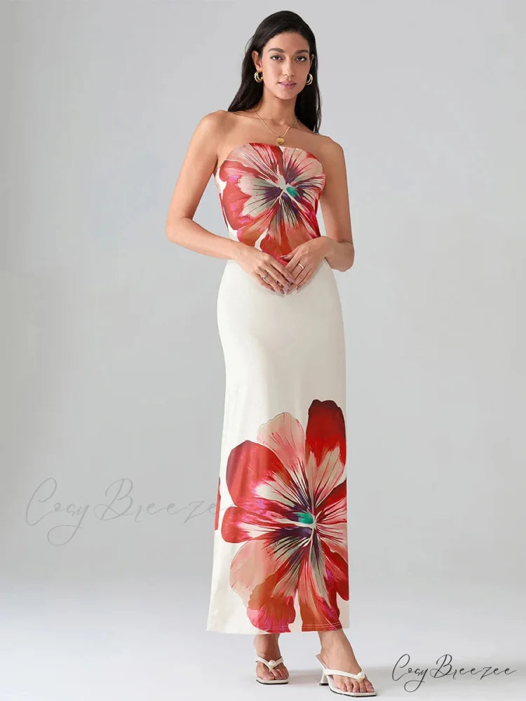 Floral Print Bandeau Strapless Wrap Dress floraldress-250126