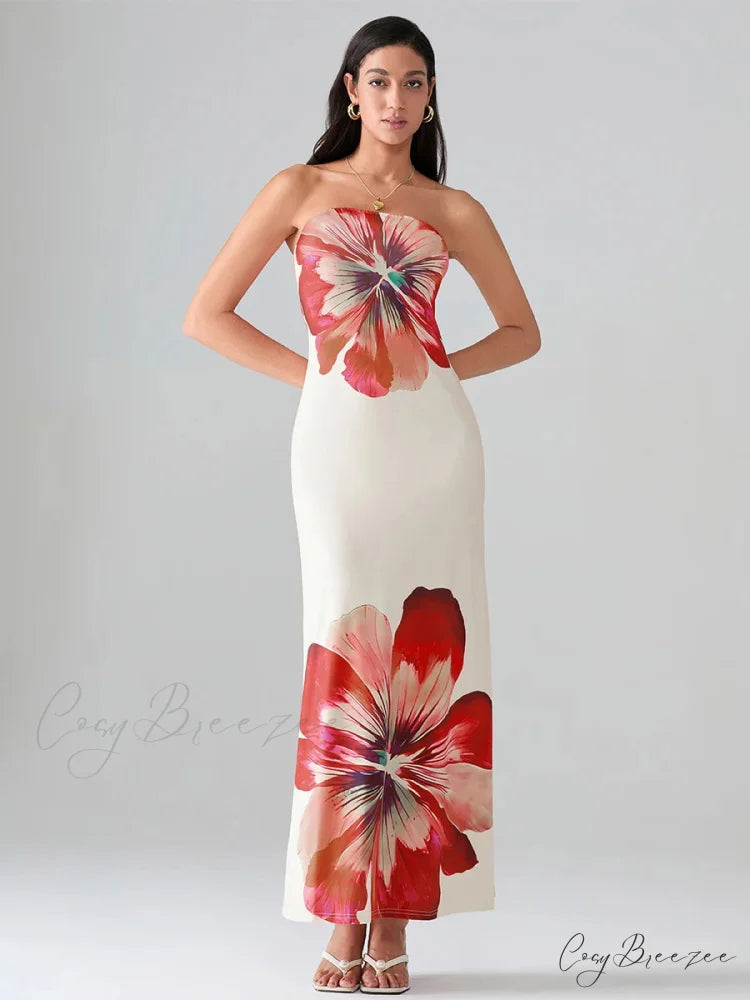 Floral Print Bandeau Strapless Wrap Dress floraldress-250126