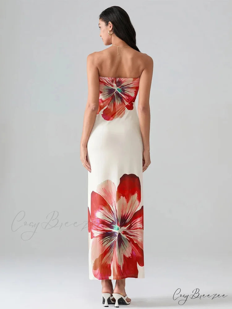 Floral Print Bandeau Strapless Wrap Dress floraldress-250126