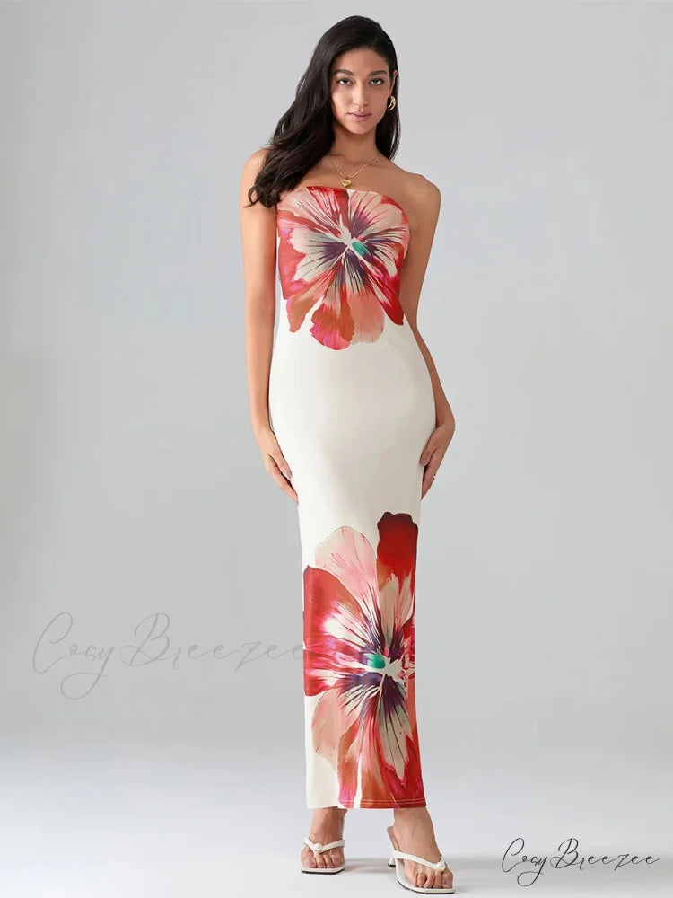 Floral Print Bandeau Strapless Wrap Dress WHITE / S floraldress-250126
