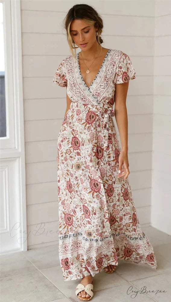 Floral Print Bat Sleeve Wrap V-neck Maxi Boho Dress Beige / S bohodress-250126