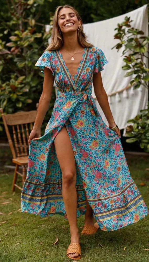 Floral Print Bat Sleeve Wrap V-neck Maxi Boho Dress Green / S bohodress-250126