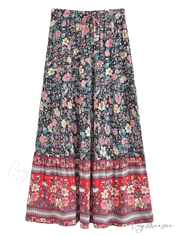 Floral Print Beach Boho Pleated Maxi Skirt Femme skirt-250126