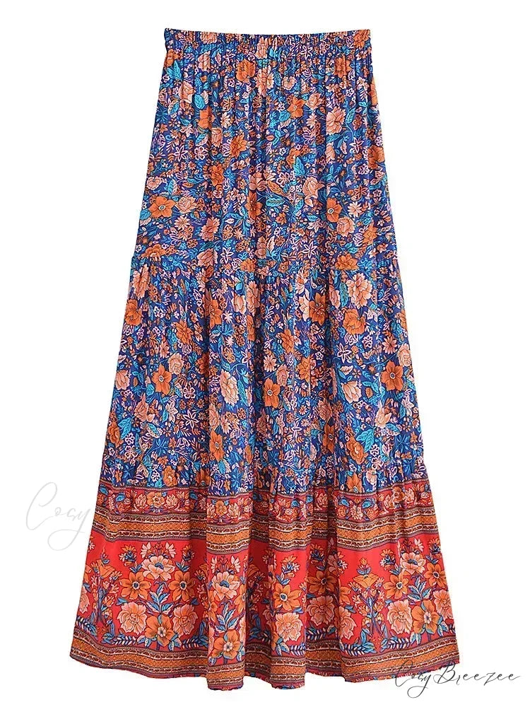 Floral Print Beach Boho Pleated Maxi Skirt Femme skirt-250126