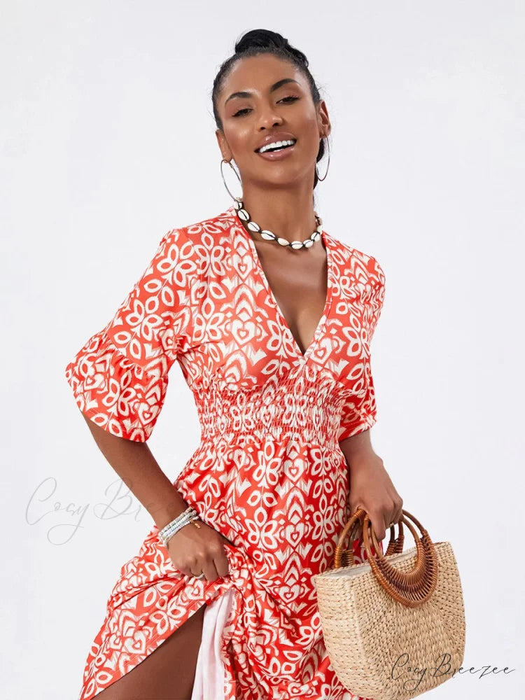 Floral Print Beach Midi Casual Flare Sleeve A-Line Ruffled Dress floraldress-250126