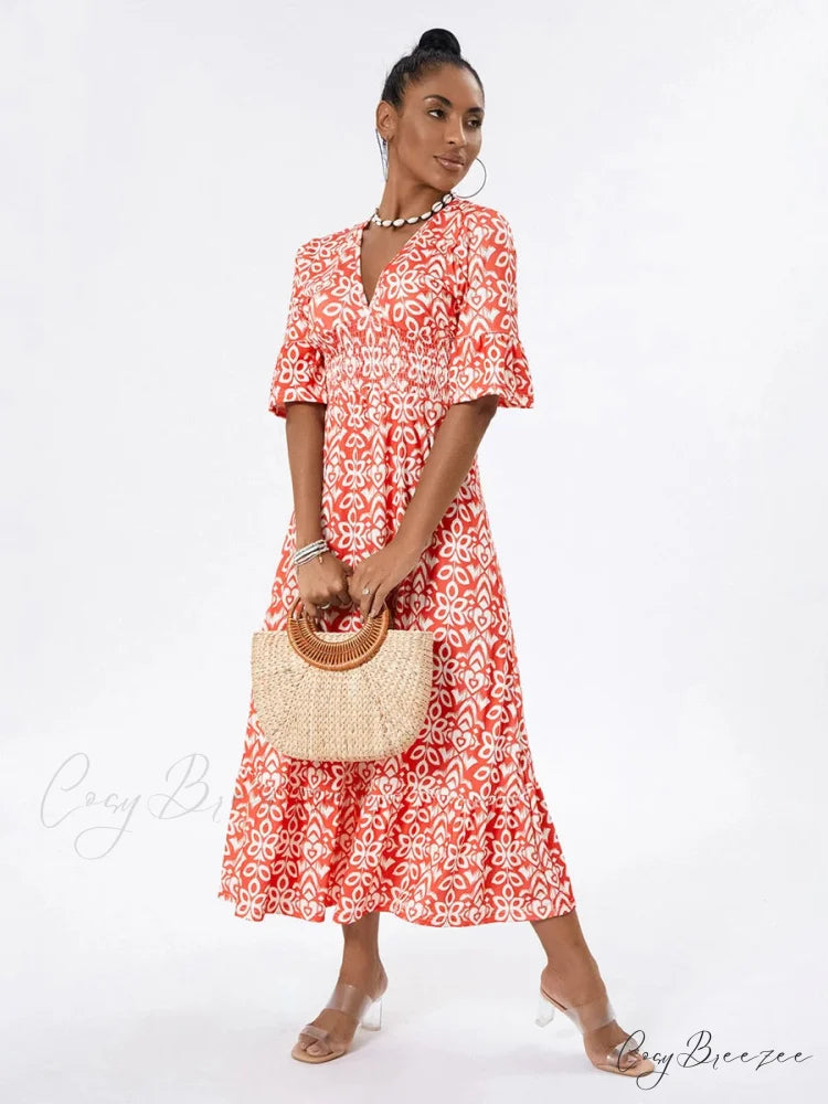 Floral Print Beach Midi Casual Flare Sleeve A-Line Ruffled Dress floraldress-250126