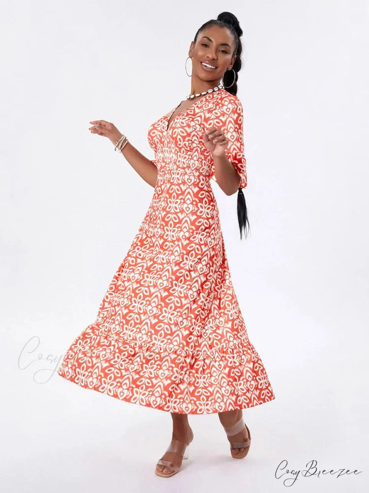 Floral Print Beach Midi Casual Flare Sleeve A-Line Ruffled Dress floraldress-250126