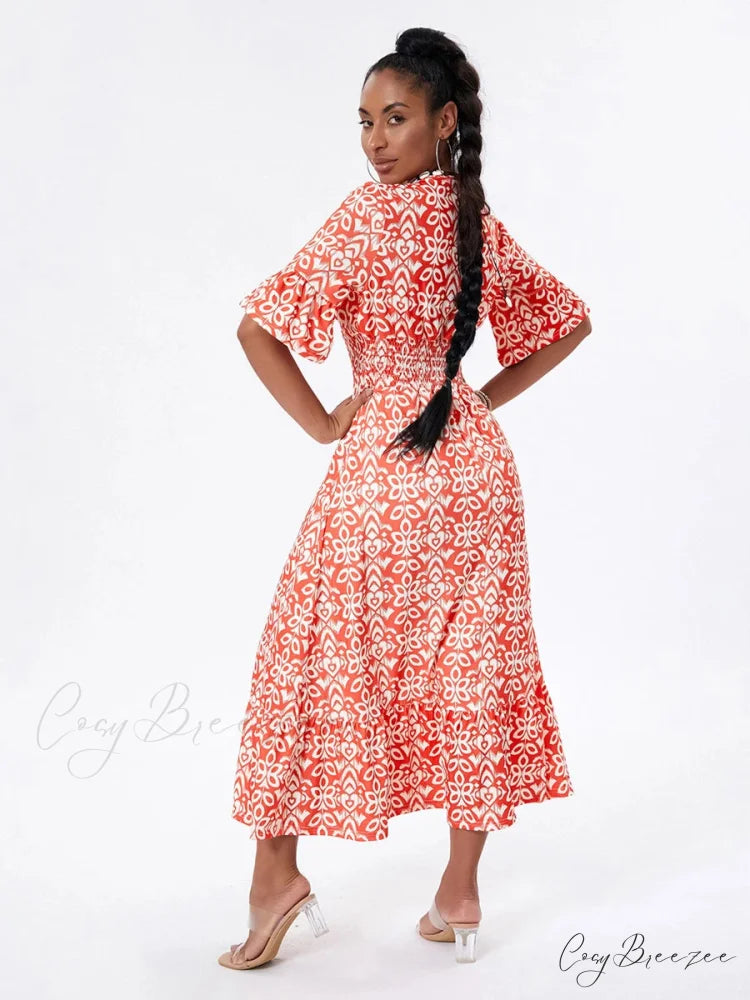 Floral Print Beach Midi Casual Flare Sleeve A-Line Ruffled Dress floraldress-250126