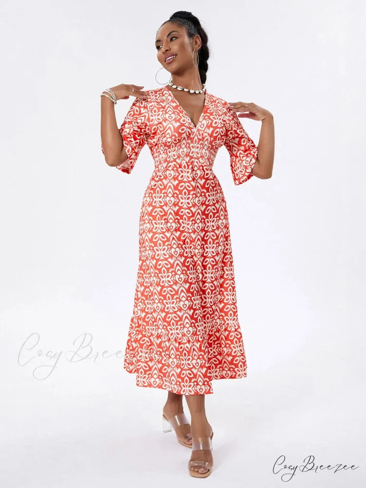 Floral Print Beach Midi Casual Flare Sleeve A-Line Ruffled Dress floraldress-250126