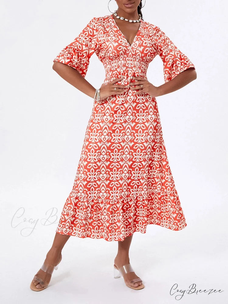 Floral Print Beach Midi Casual Flare Sleeve A-Line Ruffled Dress Red / S floraldress-250126