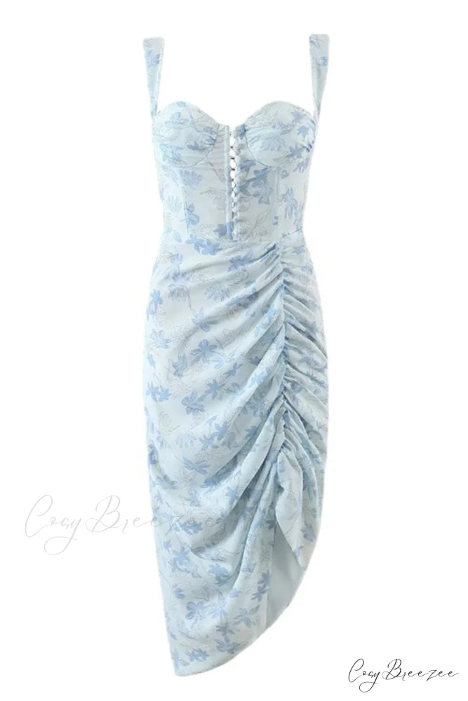 Floral Print Blue Corset Ruched Split Dress