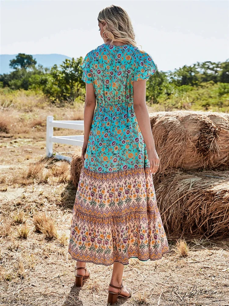 Floral Print Button V-neck Pleated Rayon Beach Maxi Dress bohodress-250126