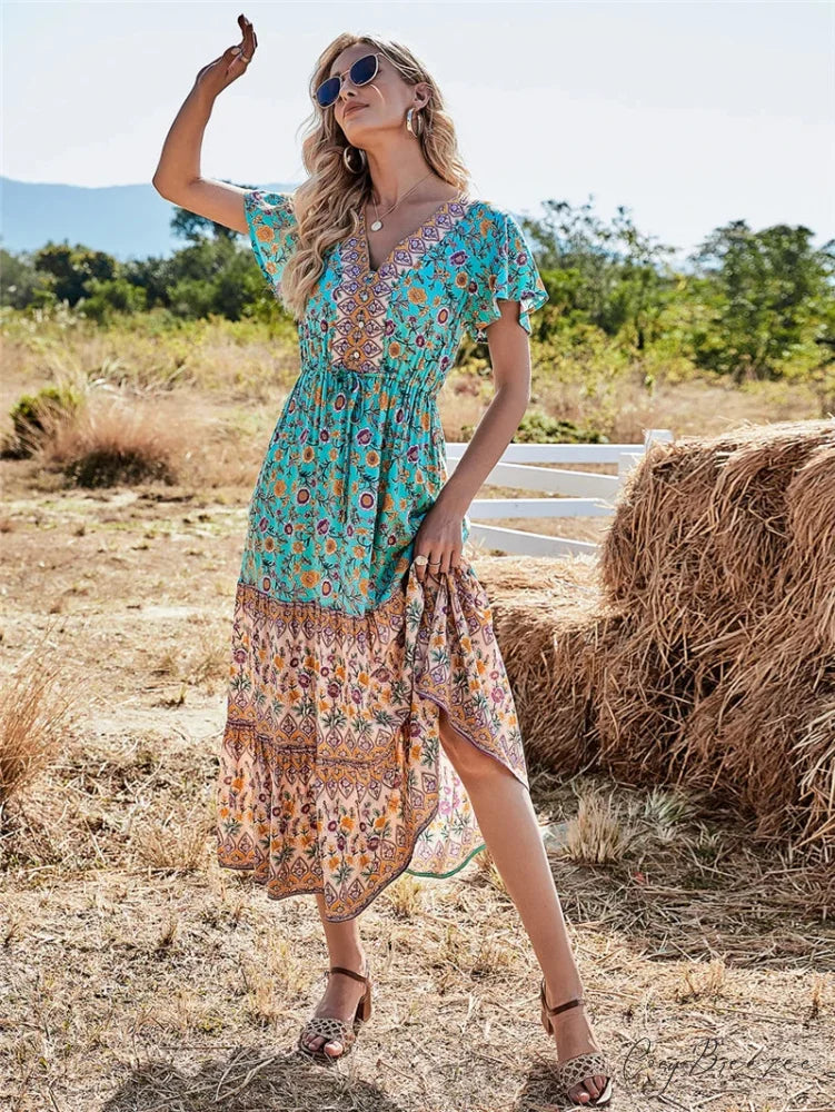 Floral Print Button V-neck Pleated Rayon Beach Maxi Dress bohodress-250126