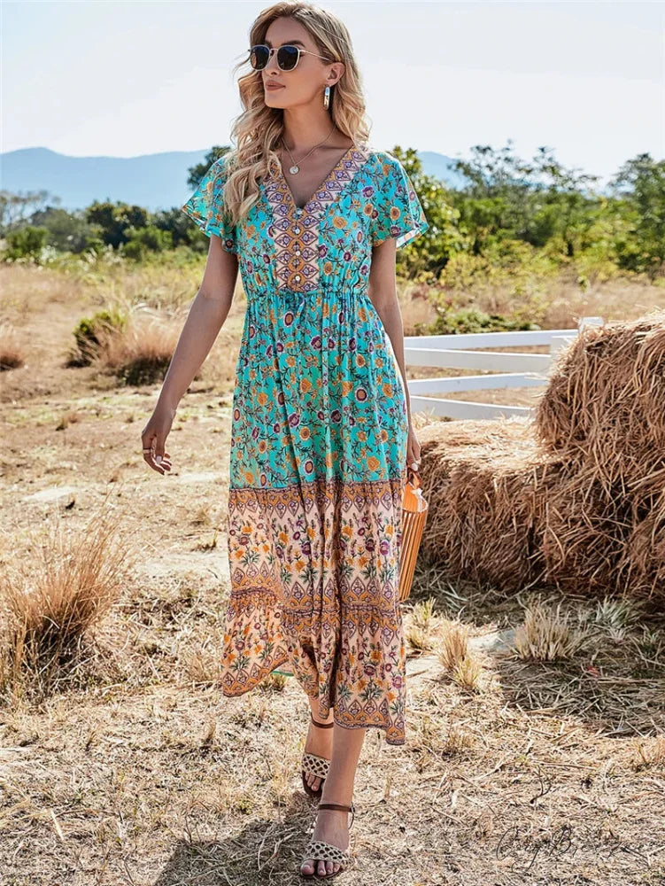 Floral Print Button V-neck Pleated Rayon Beach Maxi Dress GREEN / S bohodress-250126