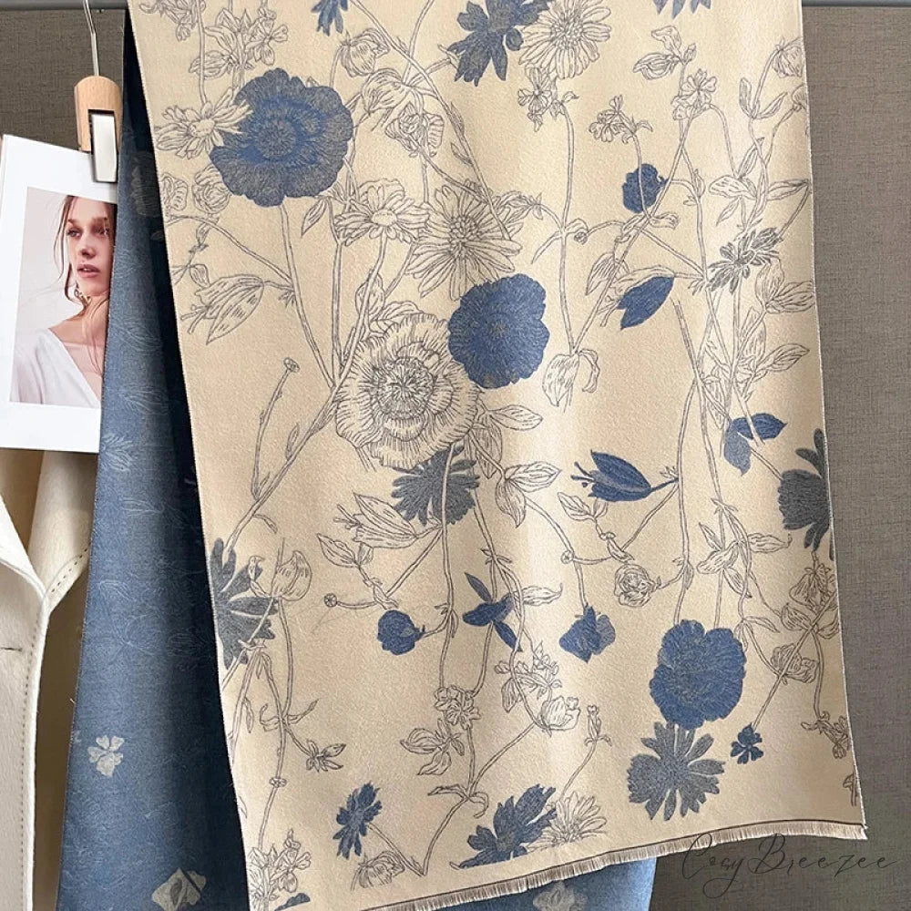 Floral Print Cashmere Pashmina Scarf white scarf-241228