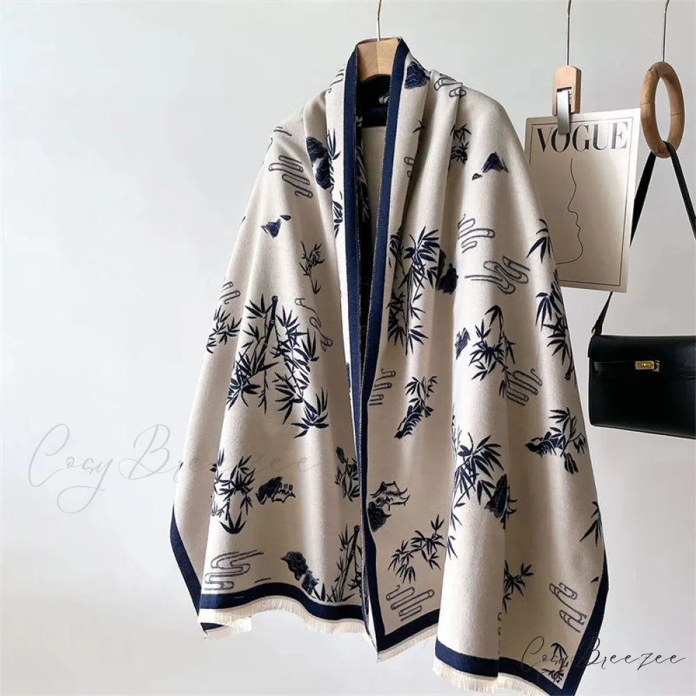 Floral Print Cashmere Winter Scarf black scarf-241228