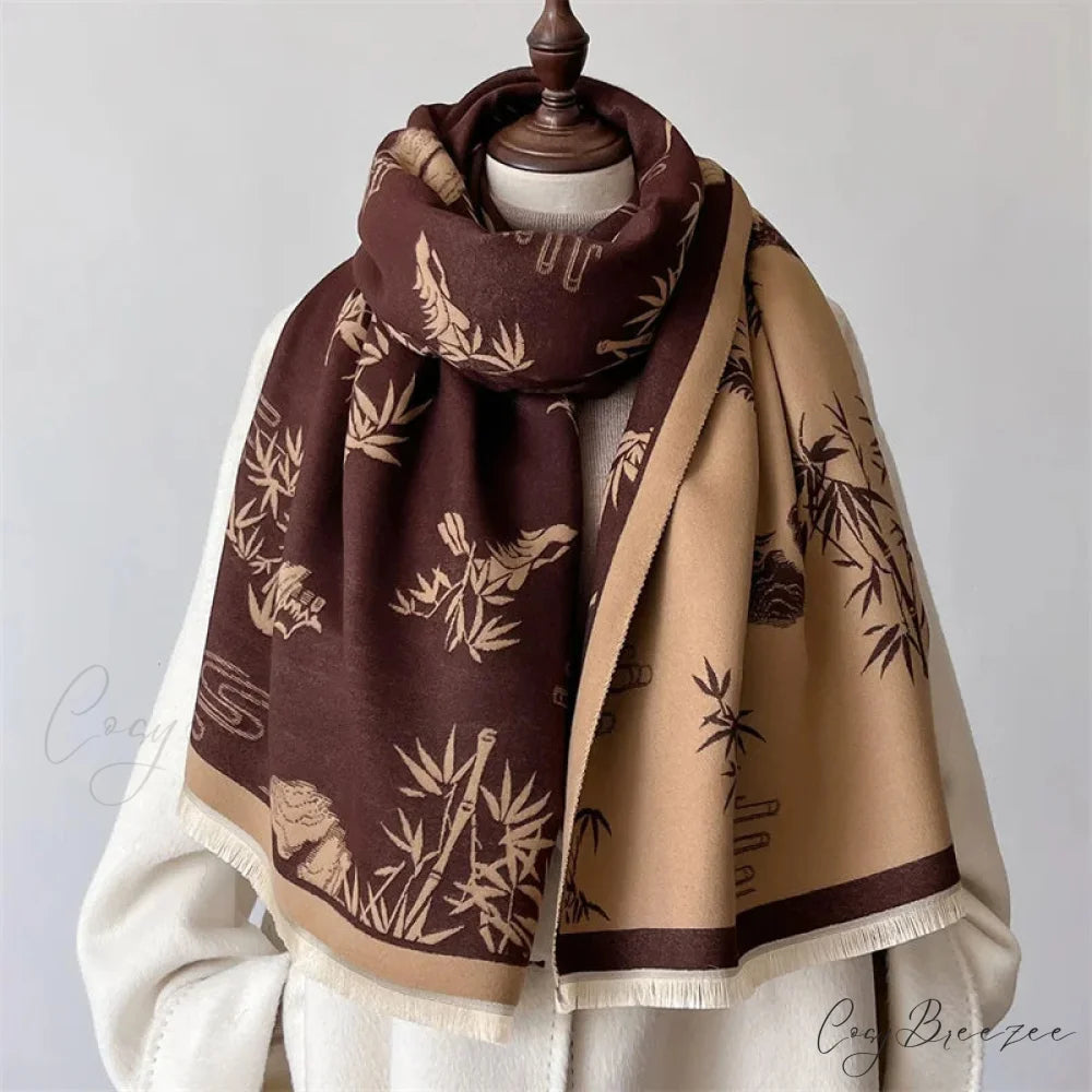 Floral Print Cashmere Winter Scarf coffee scarf-241228