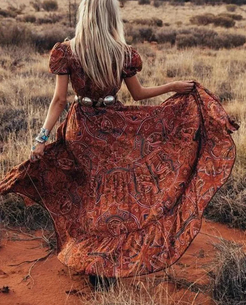Floral Print Chiffon Boho Dress bohodress-250126
