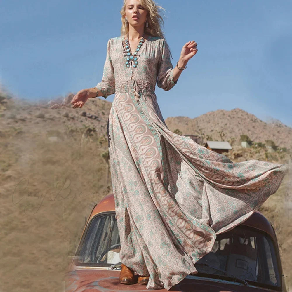 Floral Print Chiffon Boho Dress bohodress-250126