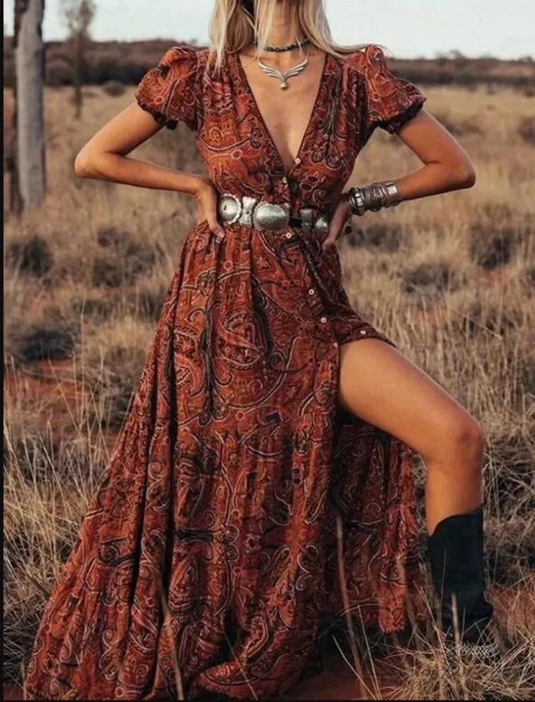 Floral Print Chiffon Boho Dress bohodress-250126