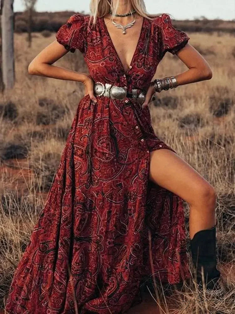 Floral Print Chiffon Boho Dress Rayon-red / S bohodress-250126