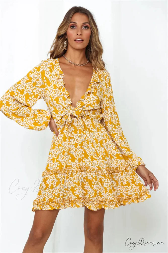 Floral Print Deep V-neck Ruffles Long Sleeve Mini Boho Dress bohodress-250126