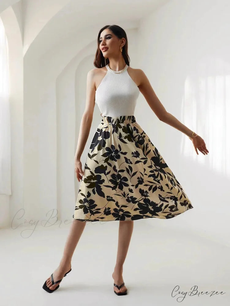 Floral Print Elastic Waist Below Knee A-Line Skirt skirt-250126