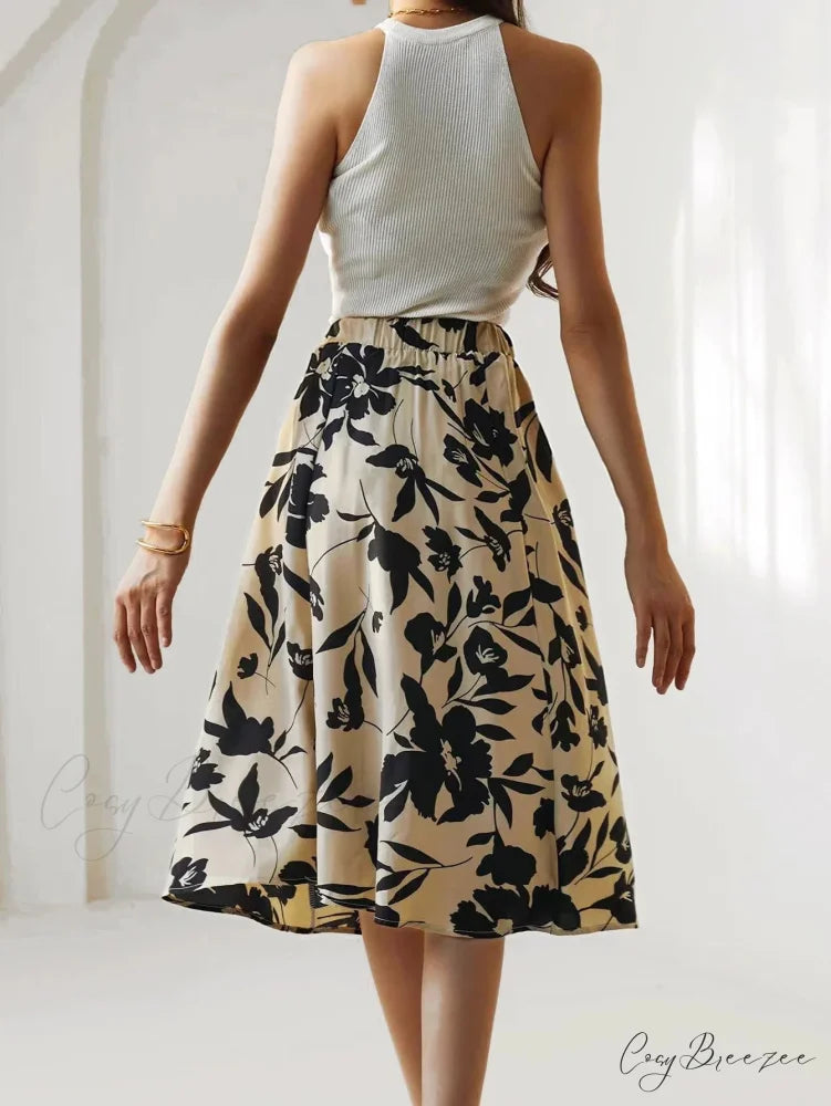Floral Print Elastic Waist Below Knee A-Line Skirt skirt-250126