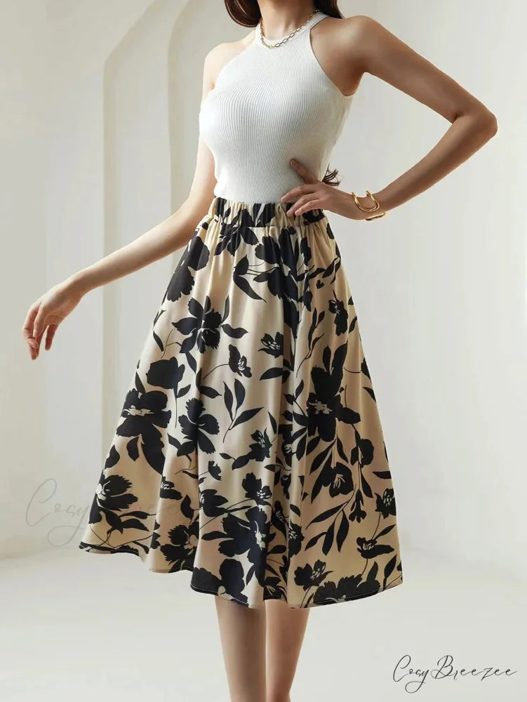 Floral Print Elastic Waist Below Knee A-Line Skirt skirt-250126
