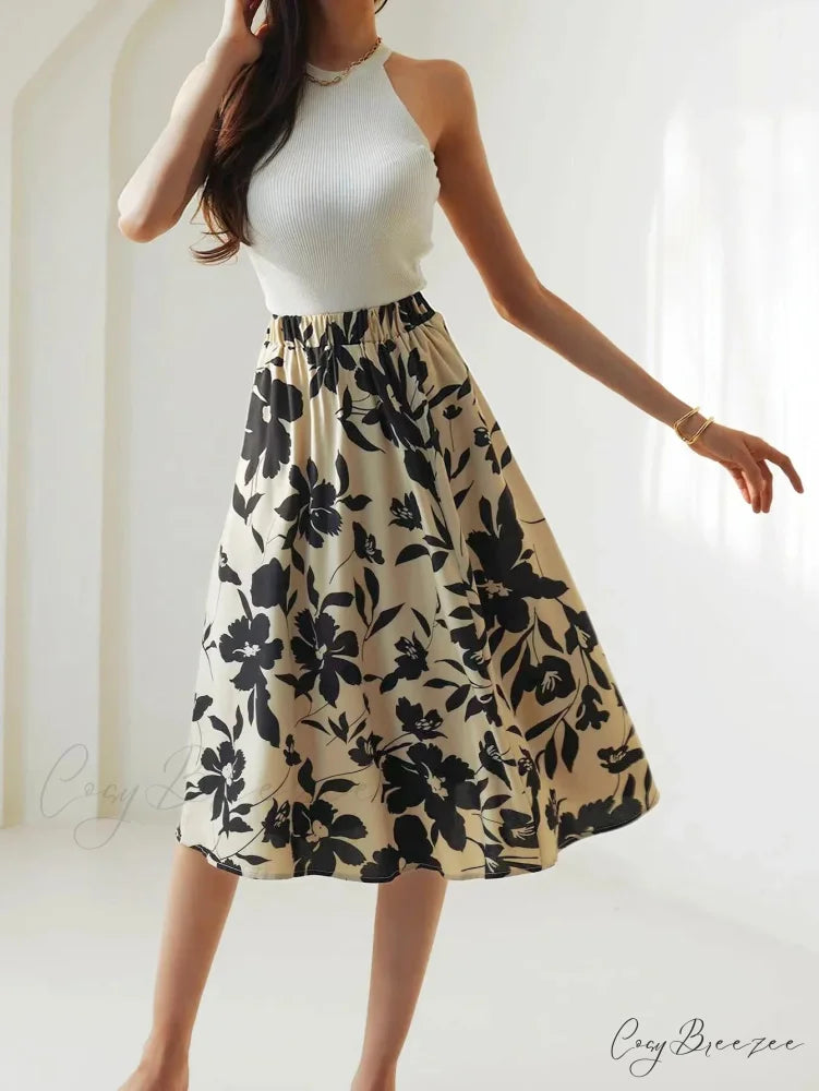 Floral Print Elastic Waist Below Knee A-Line Skirt skirt-250126