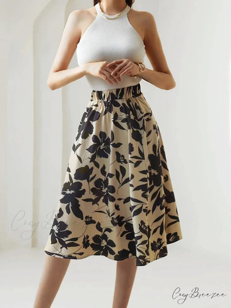 Floral Print Elastic Waist Below Knee A-Line Skirt Black / S skirt-250126