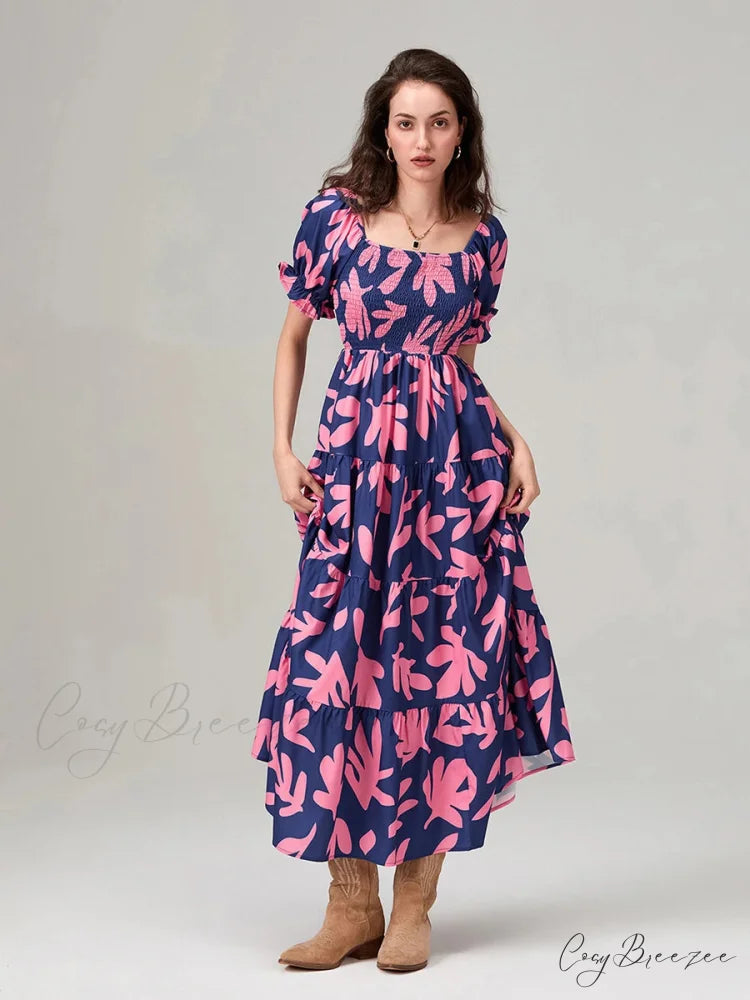 Floral Print Flowy Puff Sleeve Square Neck A-Line Vacation Dress floraldress-250126