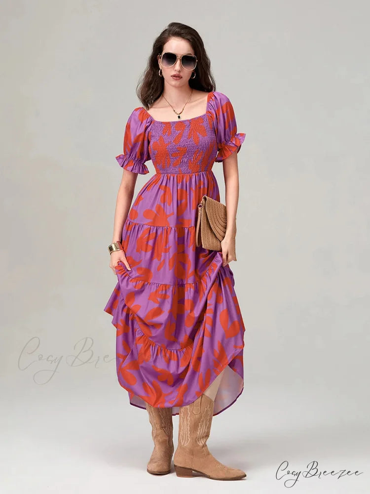 Floral Print Flowy Puff Sleeve Square Neck A-Line Vacation Dress floraldress-250126