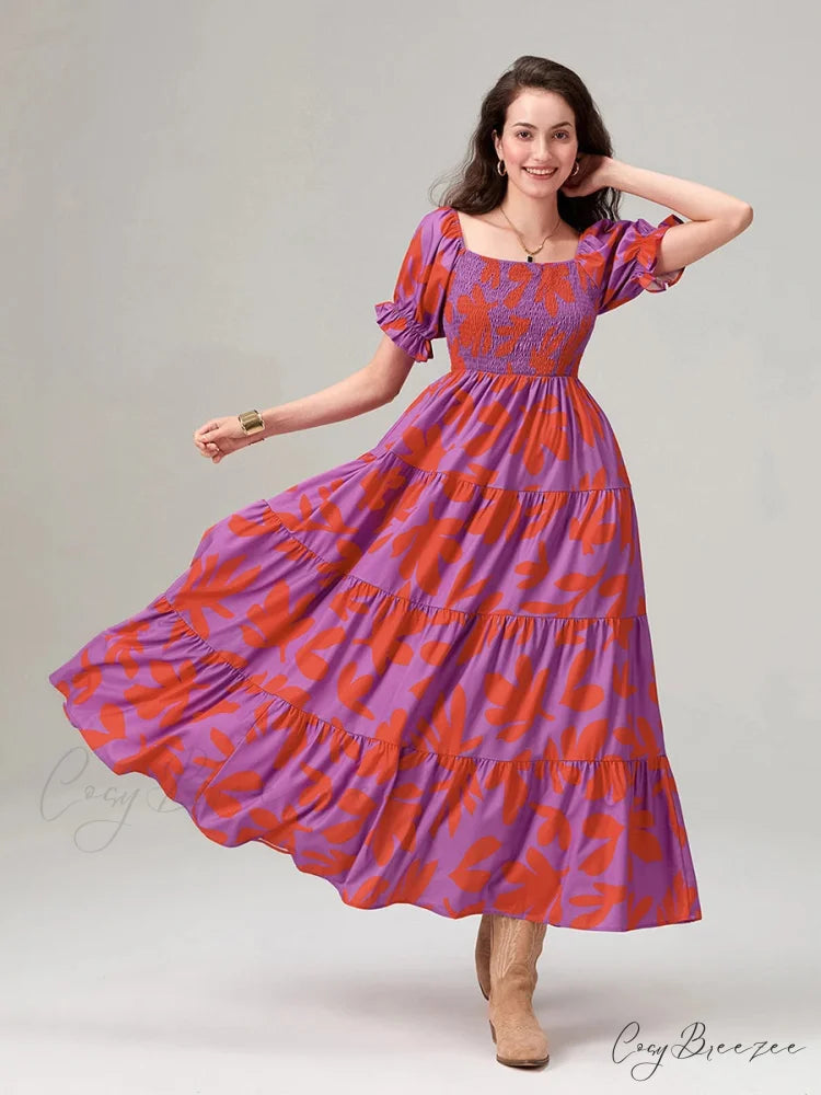 Floral Print Flowy Puff Sleeve Square Neck A-Line Vacation Dress floraldress-250126