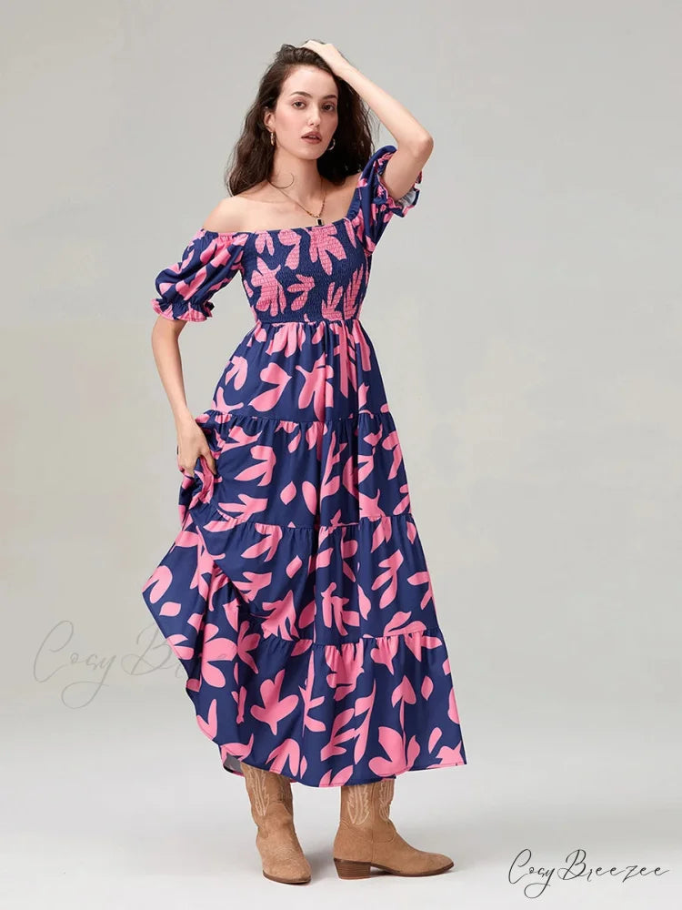 Floral Print Flowy Puff Sleeve Square Neck A-Line Vacation Dress floraldress-250126