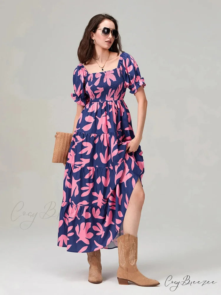 Floral Print Flowy Puff Sleeve Square Neck A-Line Vacation Dress PURPLE / S floraldress-250126