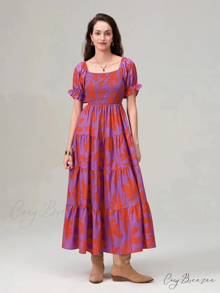 Floral Print Flowy Puff Sleeve Square Neck A-Line Vacation Dress Rose Red / S floraldress-250126