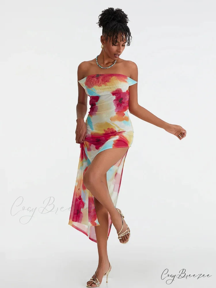 Floral Print High Split Backless Off-Shoulder Tie-up Long Dress floraldress-250126
