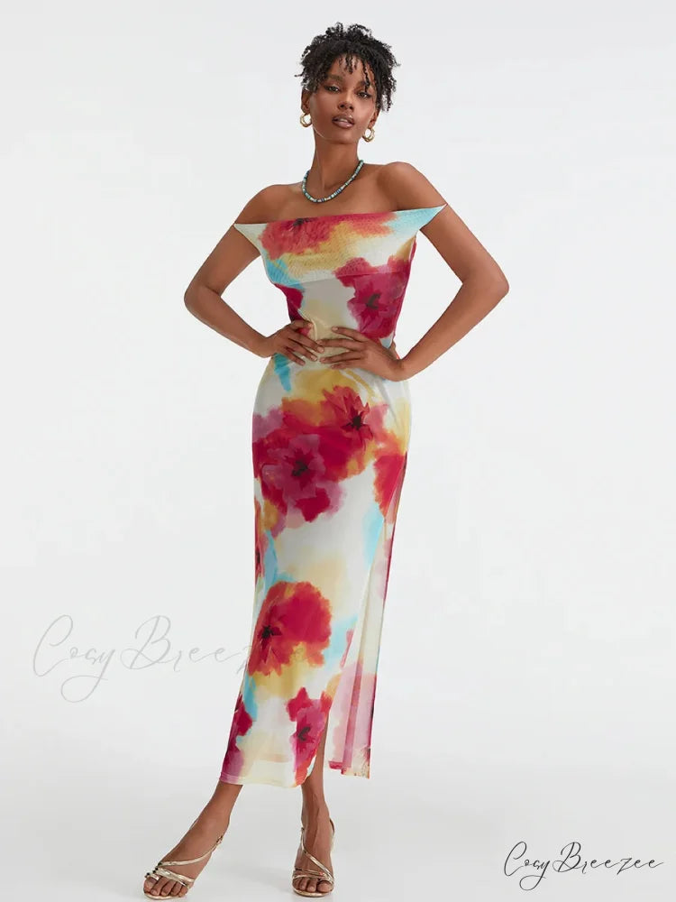 Floral Print High Split Backless Off-Shoulder Tie-up Long Dress floraldress-250126