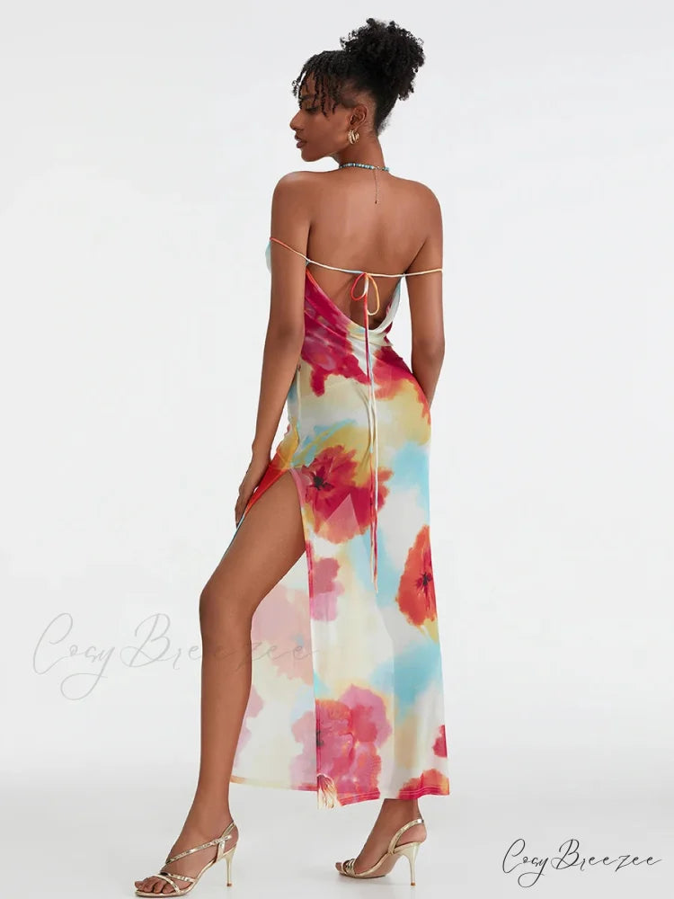 Floral Print High Split Backless Off-Shoulder Tie-up Long Dress floraldress-250126