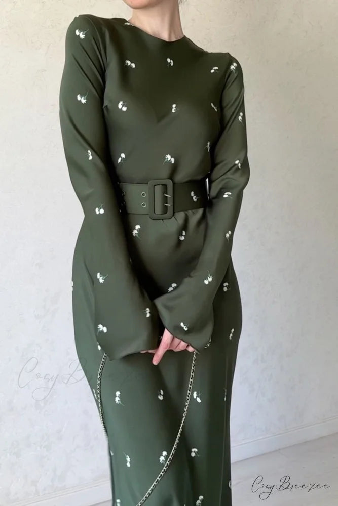 Floral Print High Waist Midi Dress with Belt Dark Green / L
