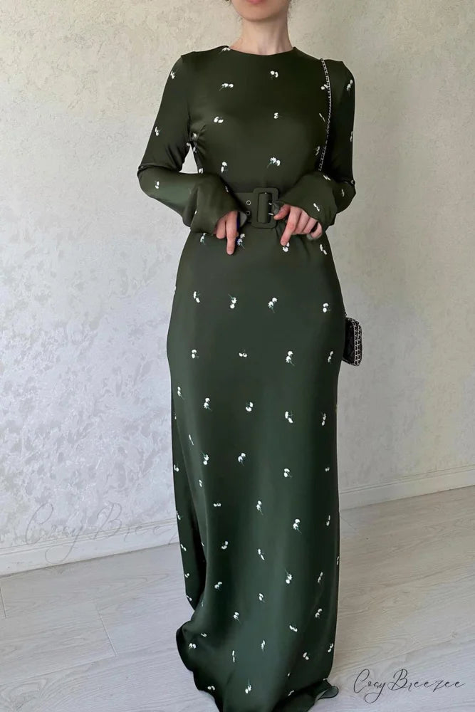 Floral Print High Waist Midi Dress with Belt Dark Green / M