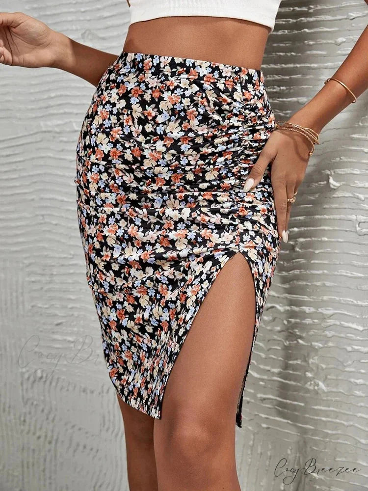 Floral Print High Waist Slim Fit Elegant Summer Skirt skirt-250126