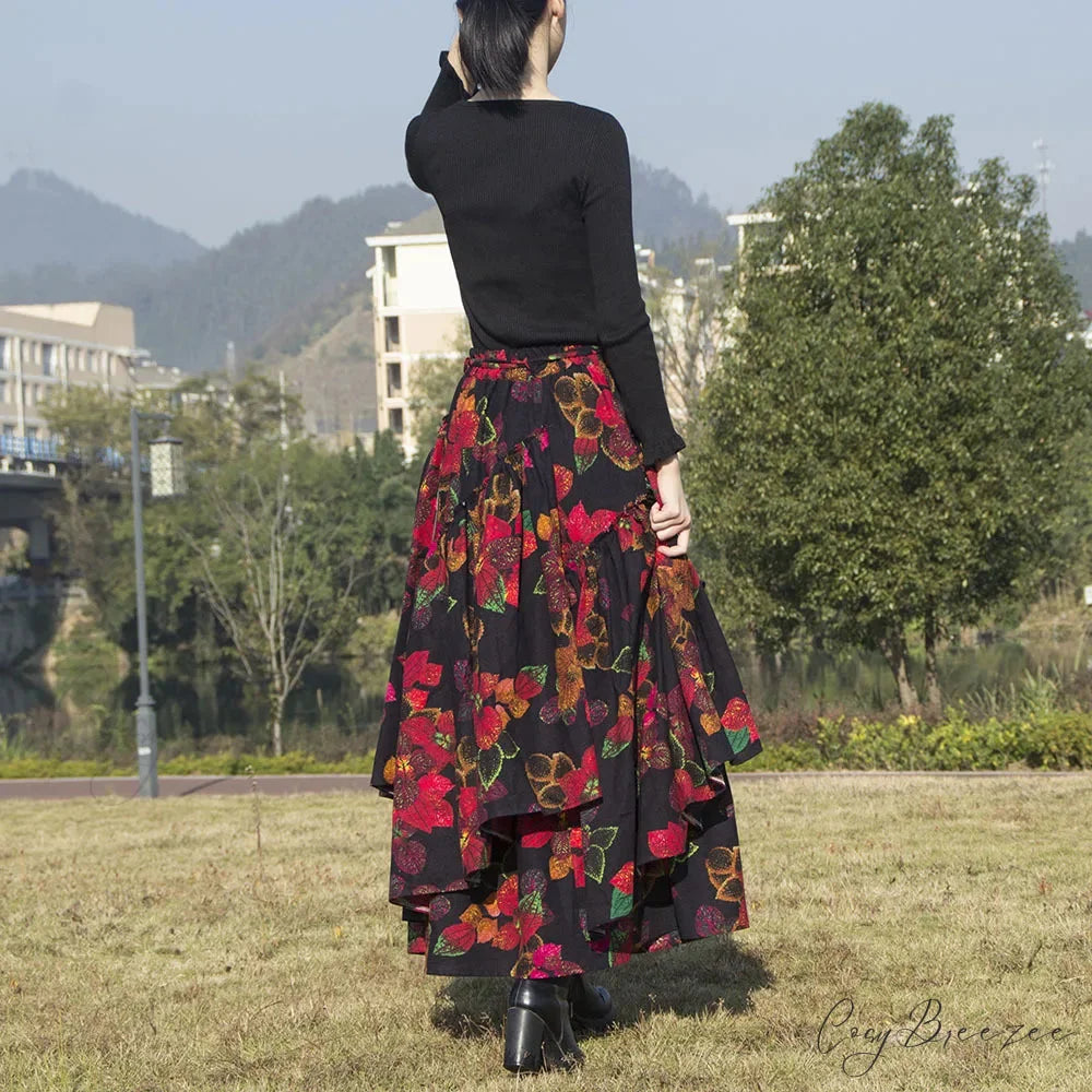 Floral Print Maxi Skirt Elastic Waist Cotton Linen skirt-250126
