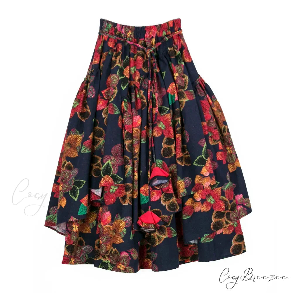 Floral Print Maxi Skirt Elastic Waist Cotton Linen as photos / S skirt-250126