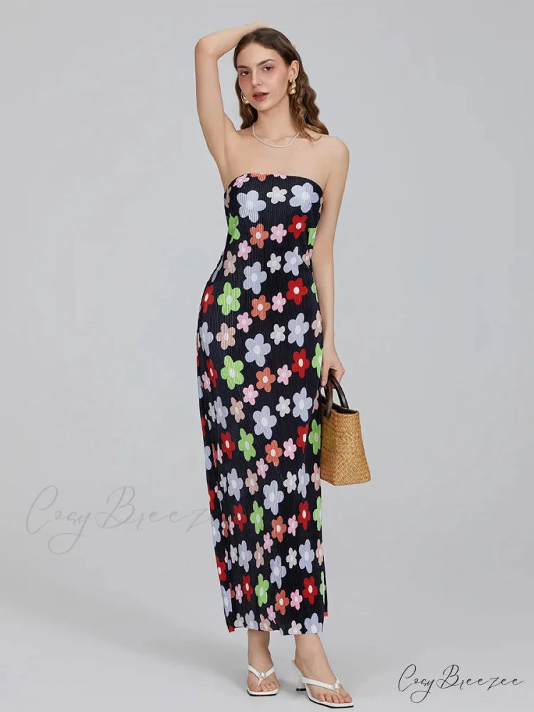 Floral Print Off-Shoulder Bandeau Pleated Tube Top Backless Party Dress BLACK1 / S floraldress-250126