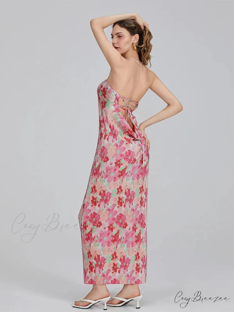Floral Print Off-Shoulder Bandeau Pleated Tube Top Backless Party Dress floraldress-250126