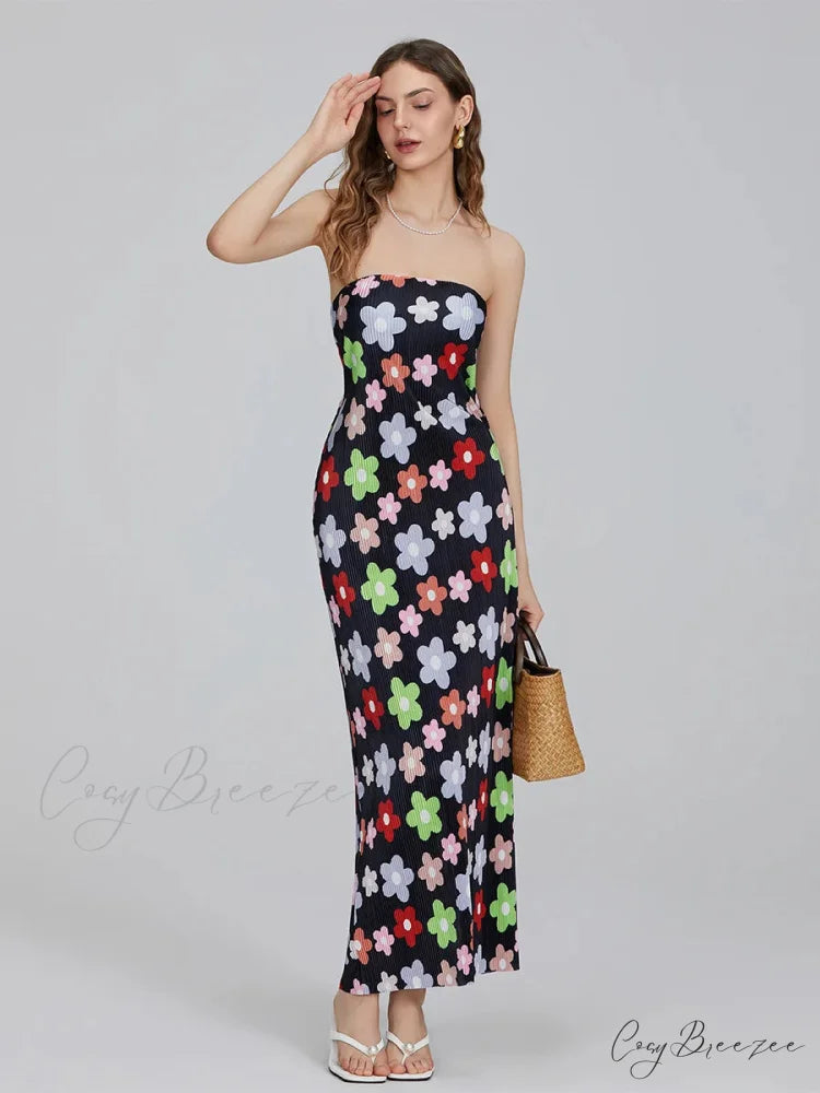 Floral Print Off-Shoulder Bandeau Pleated Tube Top Backless Party Dress floraldress-250126