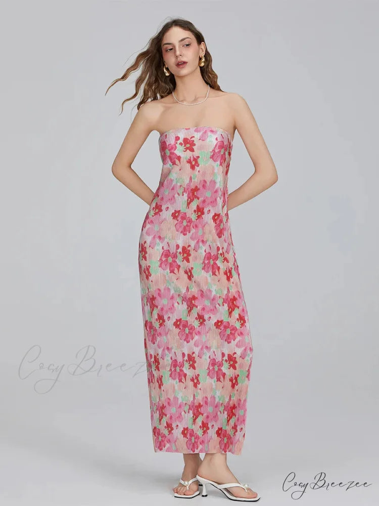 Floral Print Off-Shoulder Bandeau Pleated Tube Top Backless Party Dress floraldress-250126